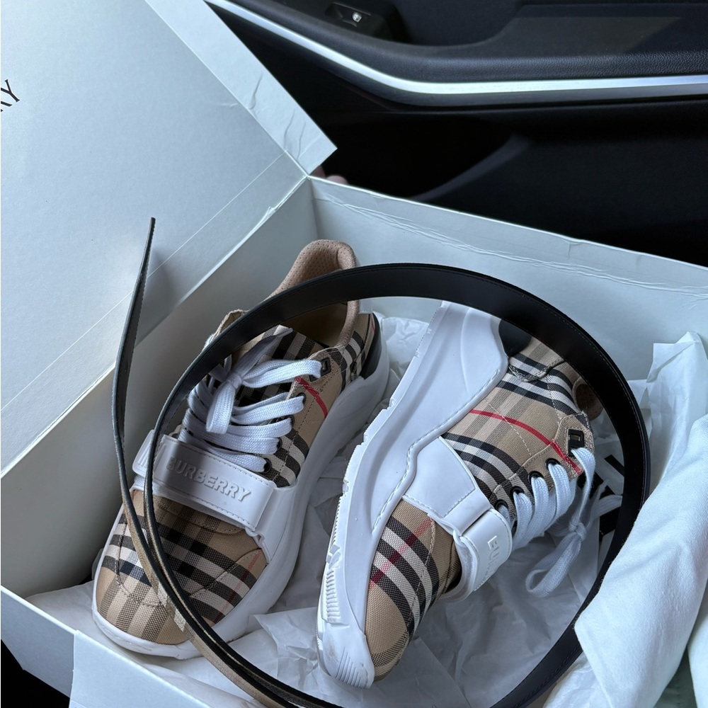 Burberry Beige Check Sneakers with Black Accent